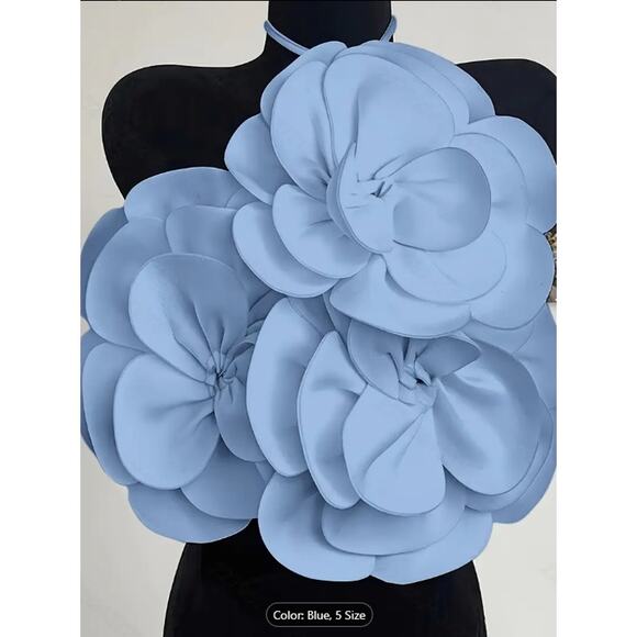 Blue Oversized 3D Flower Halter Crop Top – Statement Backless Festival & Party - Picture 3 of 5